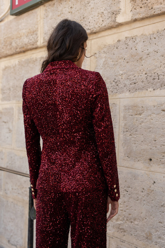 burgundy sequin long sleeve blazer dress Zapaka Women's Blazer with Sequins Sparkly Burgundy Bodycon Maxi Jacket, Burgundy / 3XL