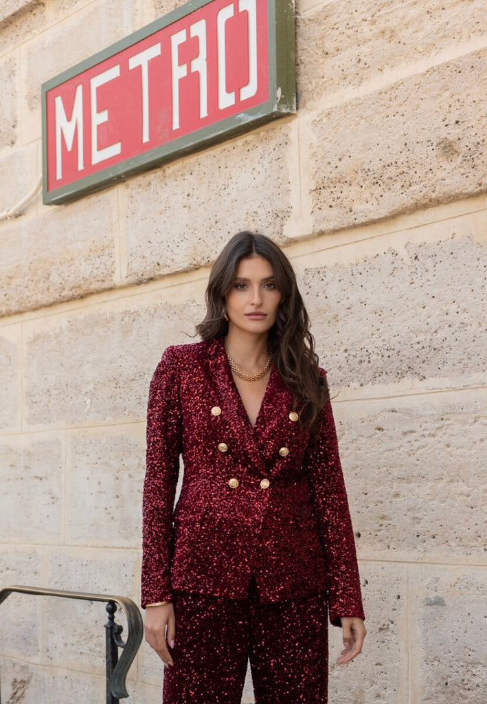 burgundy sequin long sleeve blazer dress Zapaka Women's Blazer with Sequins Glitter Burgundy Bodycon Maxi Jacket, Burgundy / M main image 1