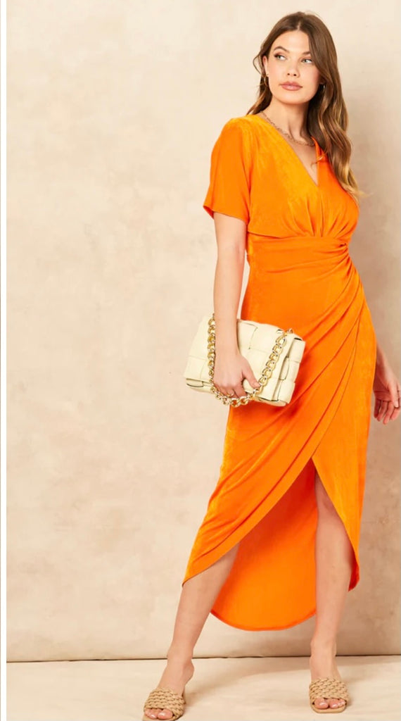 Faux Wrap Midi Dress/Orange – KC Dresses