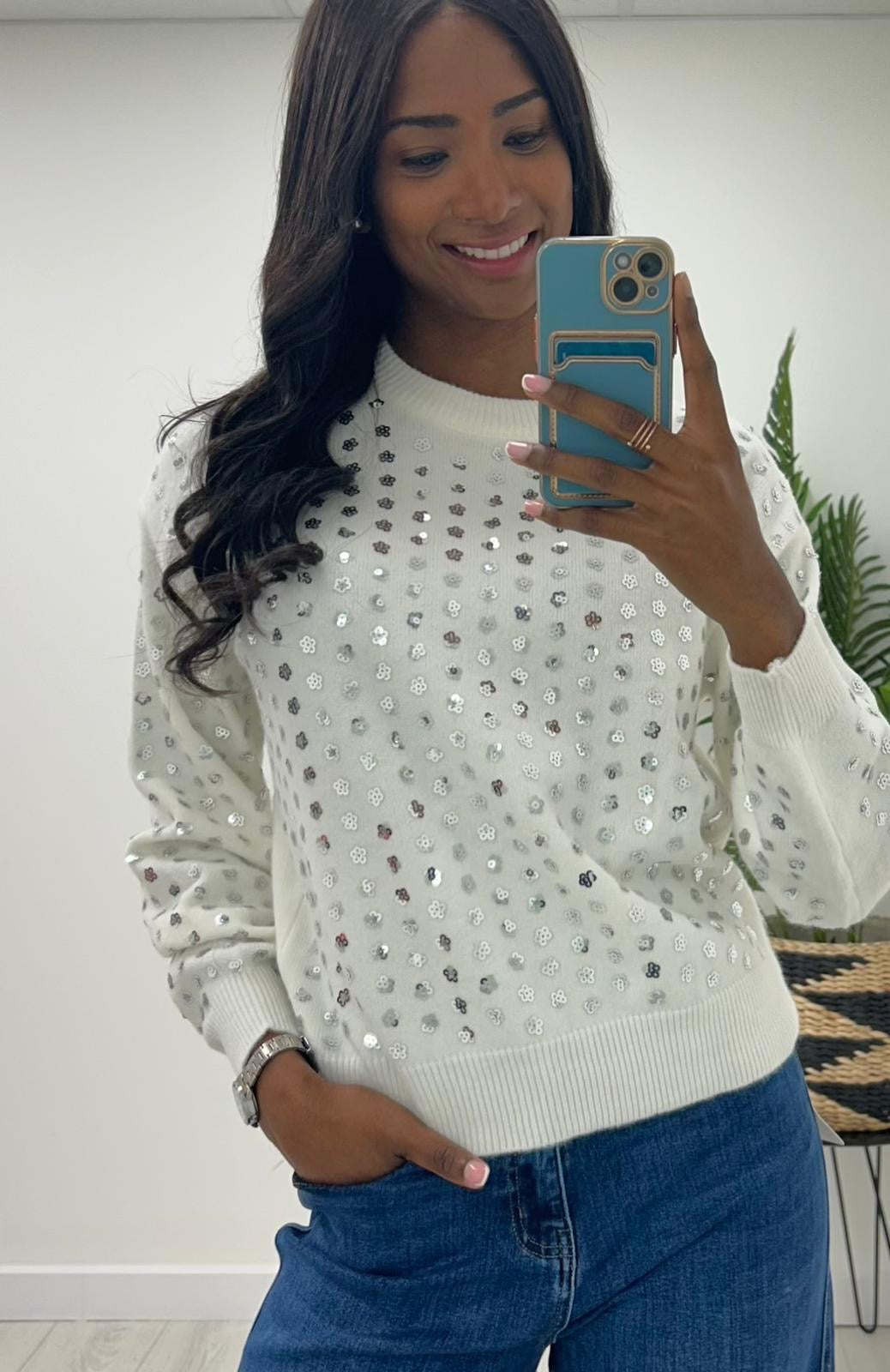 Celeste Sequin Knit/White/Silver