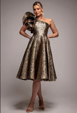 One-Shoulder Frill Jacquard Skater Midi — Bronze Gold