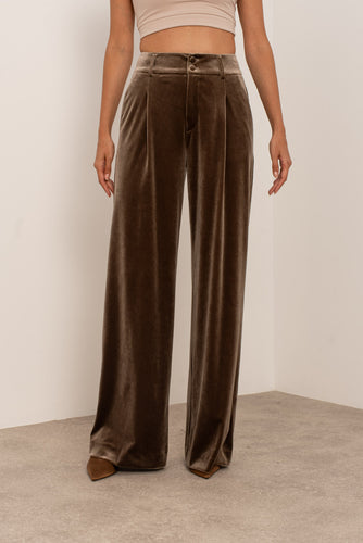 Taupe Velvet Wide-Leg Trousers