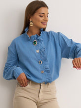 Frill Collar Cotton Shirt with Statement Diamanté Buttons