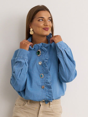 Frill Collar Cotton Shirt with Statement Diamanté Buttons