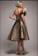 One-Shoulder Frill Jacquard Skater Midi — Bronze Gold