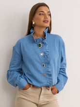Frill Collar Cotton Shirt with Statement Diamanté Buttons