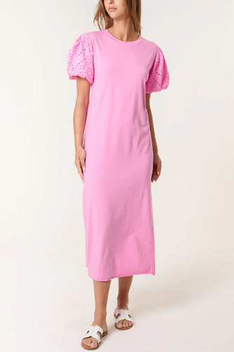 Puff Sleeve Cotton Midi Dress/Bubblegum Pink