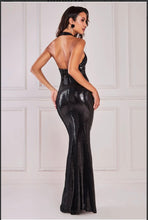 LIQUID SEQUIN HALTERNECK MAXI WITH CORSAGE