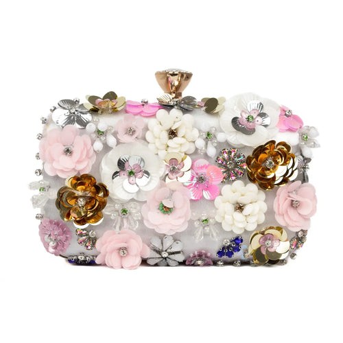 Floral Embellished Clutch Bag/Silver