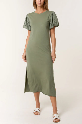 Puff Sleeve Cotton Midi Dress/khaki