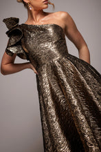 One-Shoulder Frill Jacquard Skater Midi — Bronze Gold