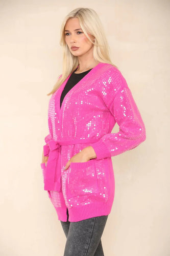 Longline sequin cardigan/Fuschia