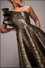 One-Shoulder Frill Jacquard Skater Midi — Bronze Gold