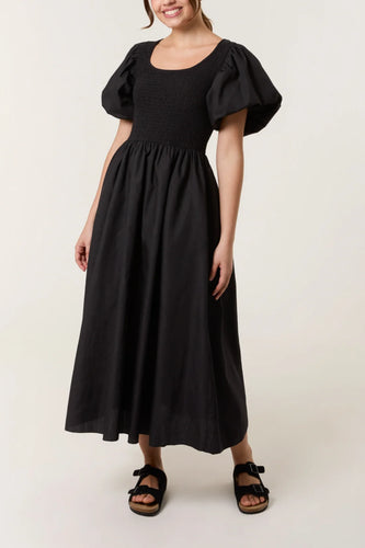Puff Sleeve Midi Dress/Black