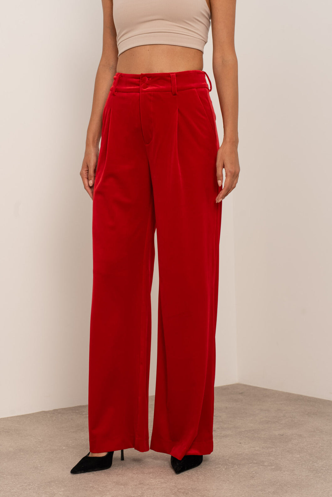Velvet Wide-Leg Trousers/Red