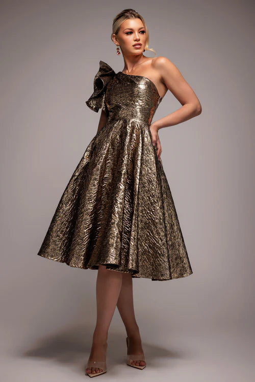 One-Shoulder Frill Jacquard Skater Midi — Bronze Gold