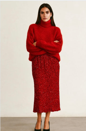 Red Sequin  Elasticated Waist Skirt