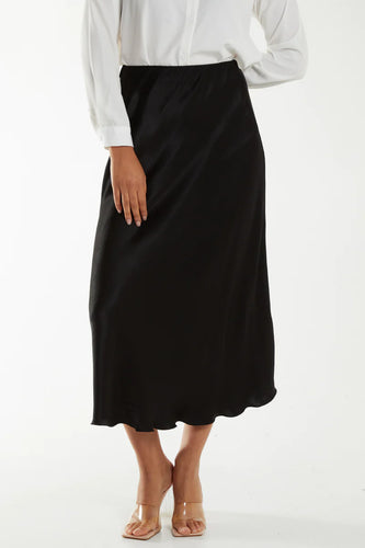 Black Satin Midi Skirt/Black