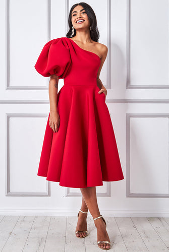 Puff Sleeve One Shoulder Midi Dress/Red