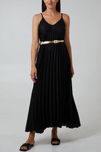 Gold Belted Satin Pleated Cami Strap Maxi Dress/Black - KC Dresses