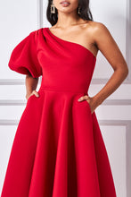 Puff Sleeve One Shoulder Midi Dress/Red - KC Dresses