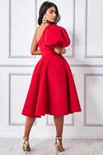 Puff Sleeve One Shoulder Midi Dress/Red - KC Dresses