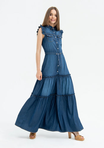 Tiered Denim Maxi Dress - KC Dresses
