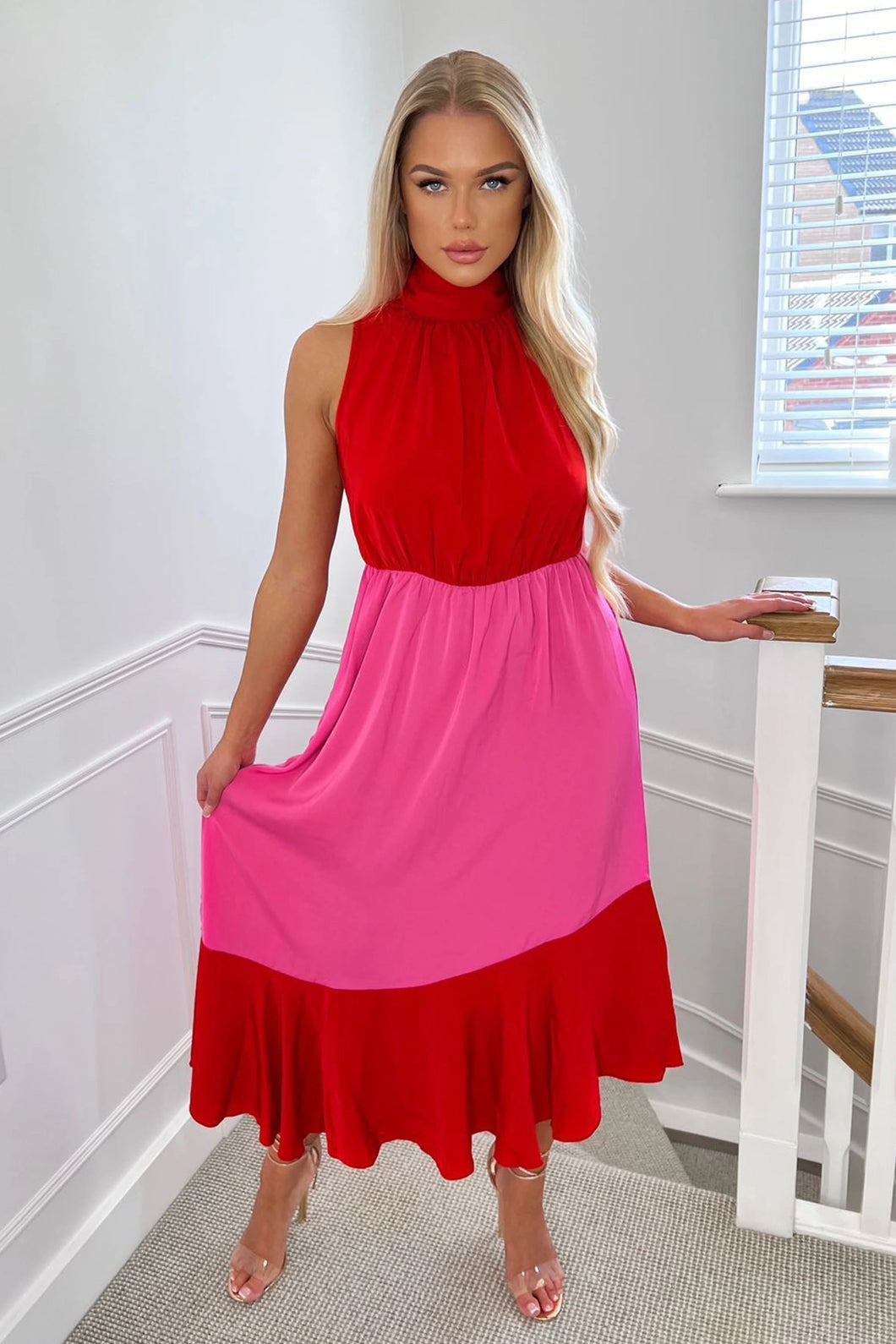 Paloma Tie Neck Angled Tier Midi Dress Red/Pink - KC Dresses